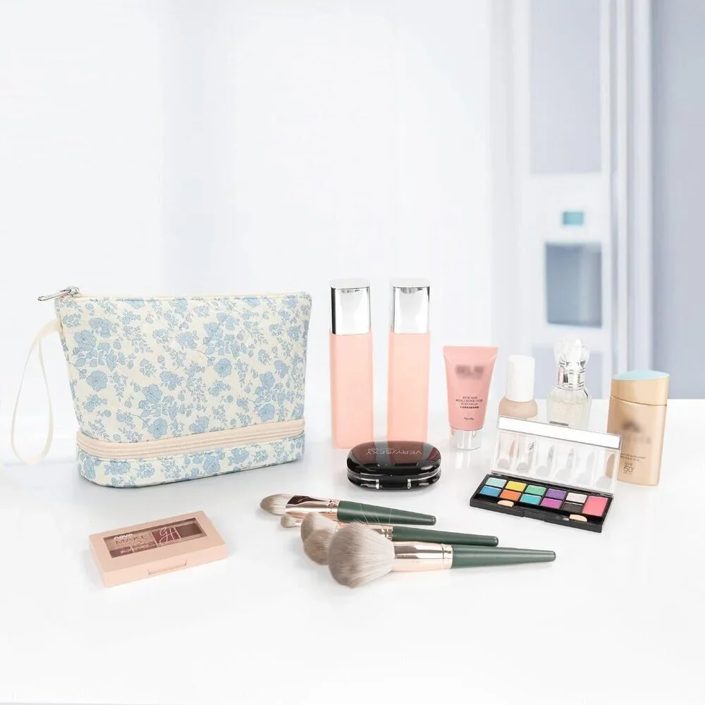 Small , 2 Layers Travel Make up Organizer Bag with Makeup Brush Holder, Portable